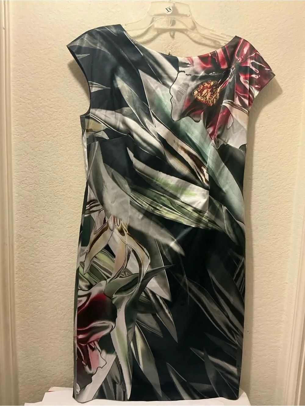 Escada Black Floral-Print Midi Sheath Dress with Green and Pink Accents 42
